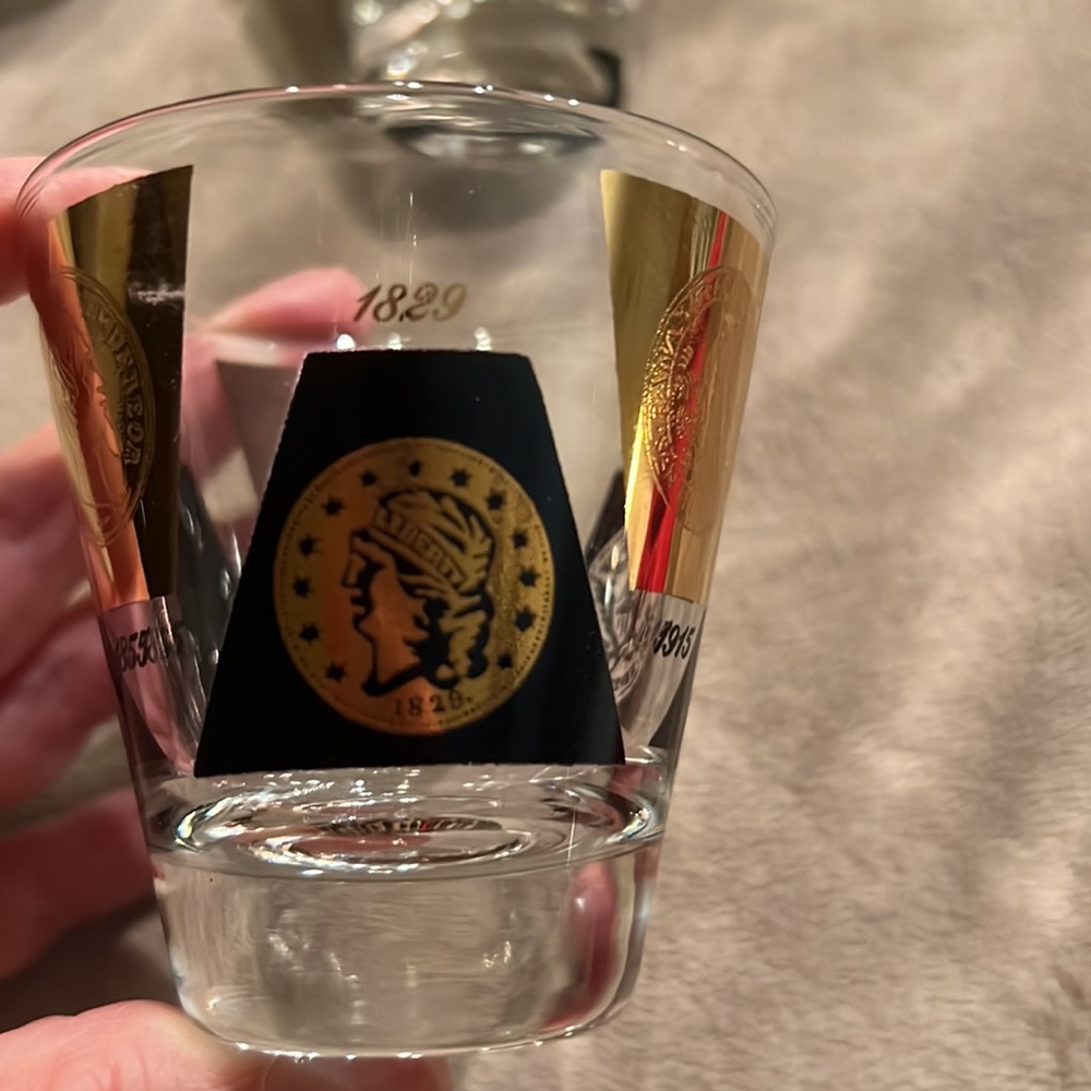 Vintage Cera MCM Double Shot Glasses 22k Gold Black Coins Barware Set of 4 ✨